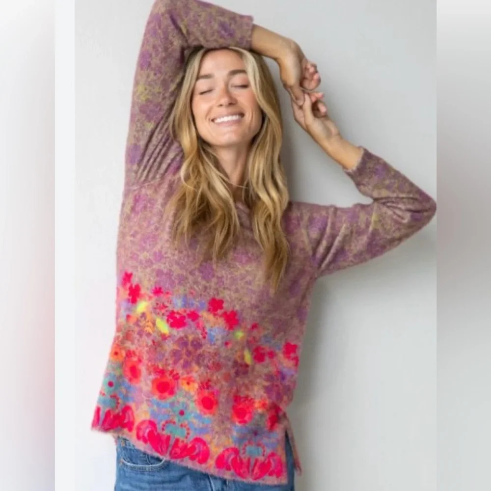 NATURAL LIFE Purple Floral Crewneck Sweater with Pink & Blue Accents - Picture 1 of 7